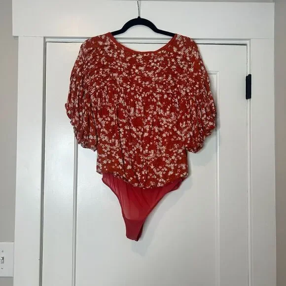 Free People Dessa Bodysuit Orange Floral Puff Sleeves Size XS - Picture 4 of 10